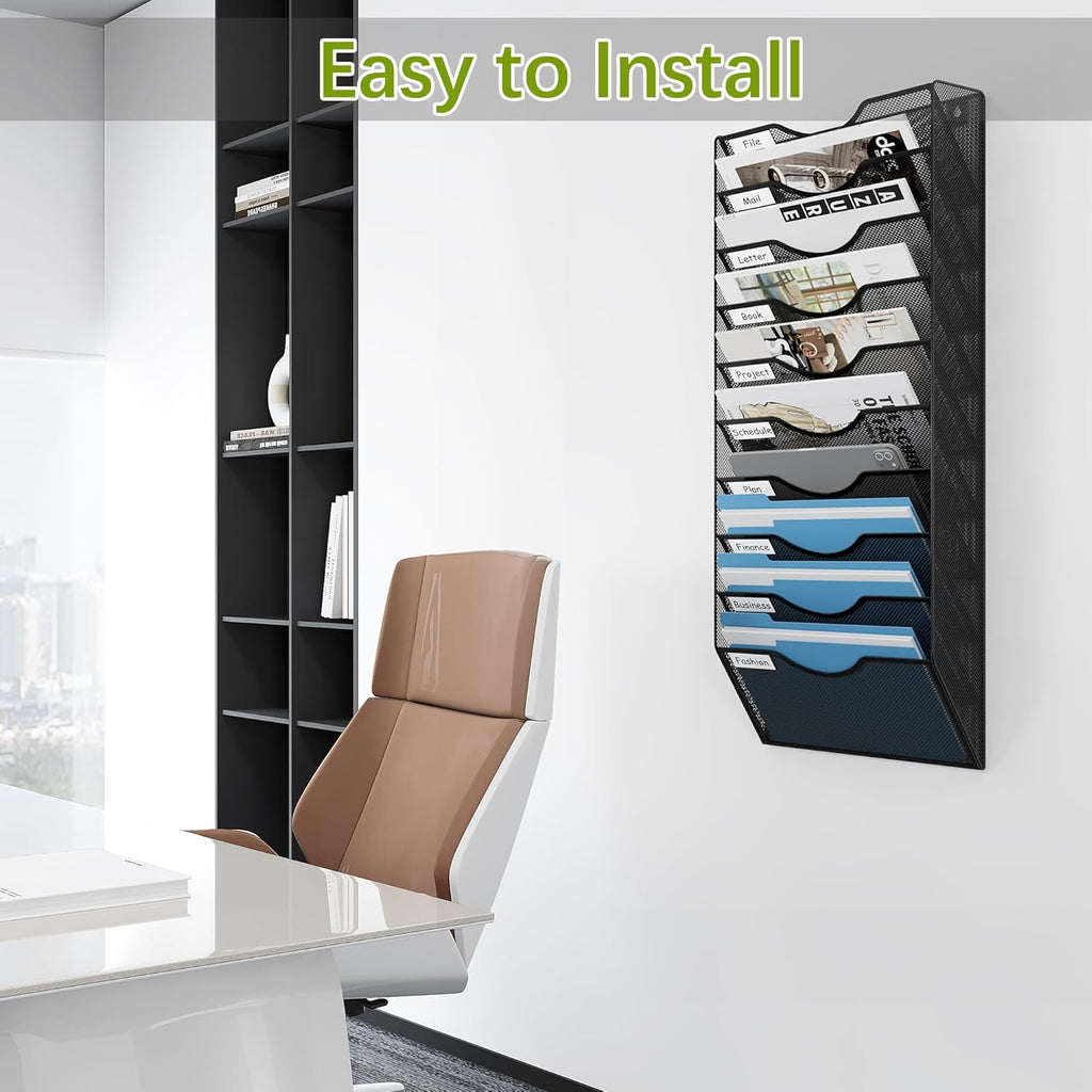 10 Pocket Mesh Wall File Organizer, Hanging Paper Folder Holder with Classify Label, Vertical Wall Mount Mail Organizer for Office Home Classroom, Black