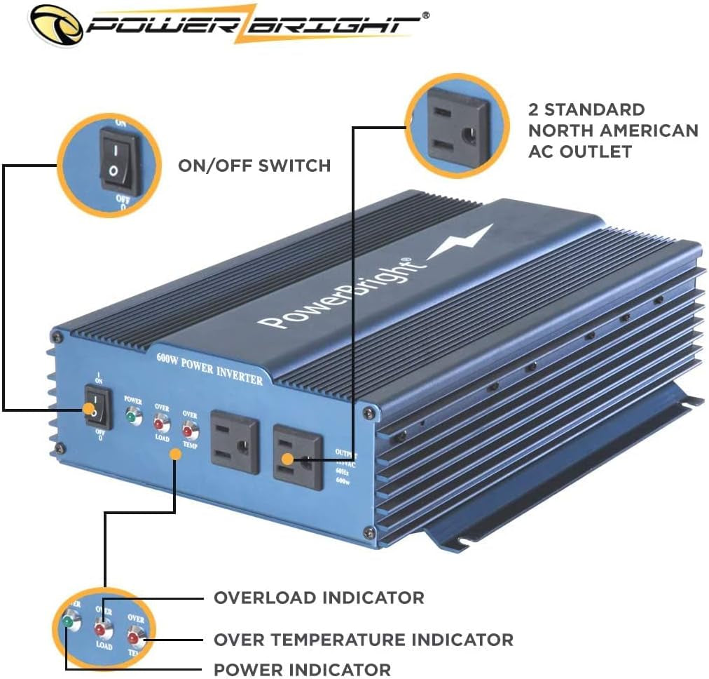 600 Watt Pure Sine Wave Power Inverter, 12 V DC to 120 V AC Car Inverter W/ Dual 120 Volt AC Outlets & Overload Indicator. Perfect for Camping, Emergency, Hurricane & Storm Outage