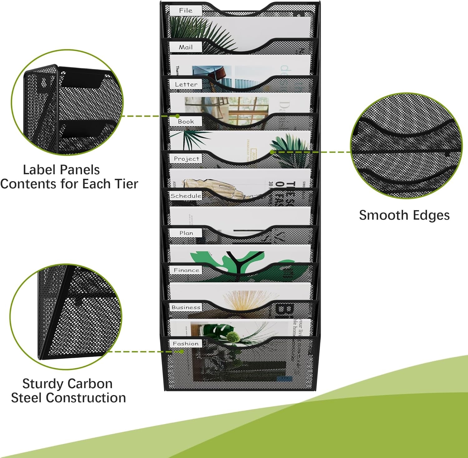 10 Pocket Mesh Wall File Organizer, Hanging Paper Folder Holder with Classify Label, Vertical Wall Mount Mail Organizer for Office Home Classroom, Black
