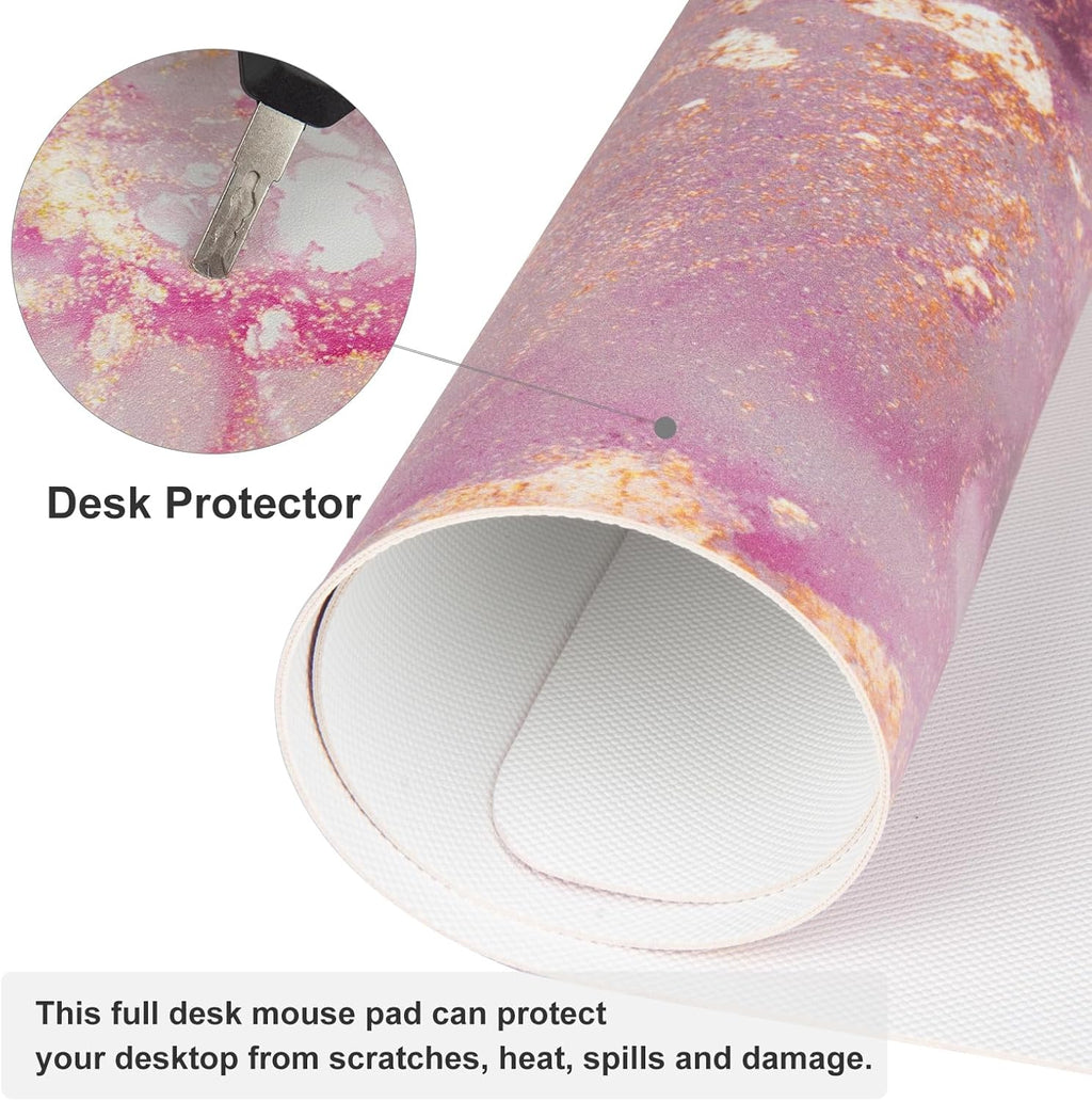 Large Mouse Pad, Cute Pink Desk Mat for Desktop, Women Girls PU Leather Desk Pad Waterproof Gaming Mousepad, Rose Gold Marble Computer Protector Writing Pad for School Office Home 31.5" X 15.7"