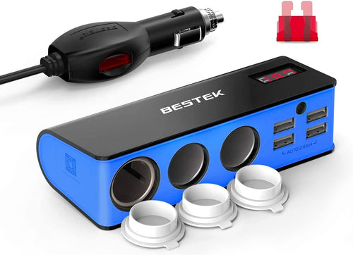 200W Cigarette Lighter Splitter with 4 * 2.4A USB-A and 3 Socket Cigarette Lighter Adapter for Dash Cam, GPS, Ipad/Laptop/Phone [Blue]