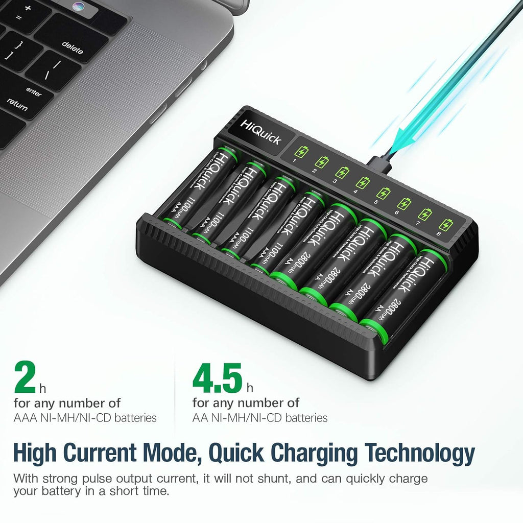 8-Bay Smart Charger with AA AAA Rechargeable Battery, 4 X 2800Mah AA & 4 X1100Mah AAA Batteries – Fast Charging for Home Camera Devices