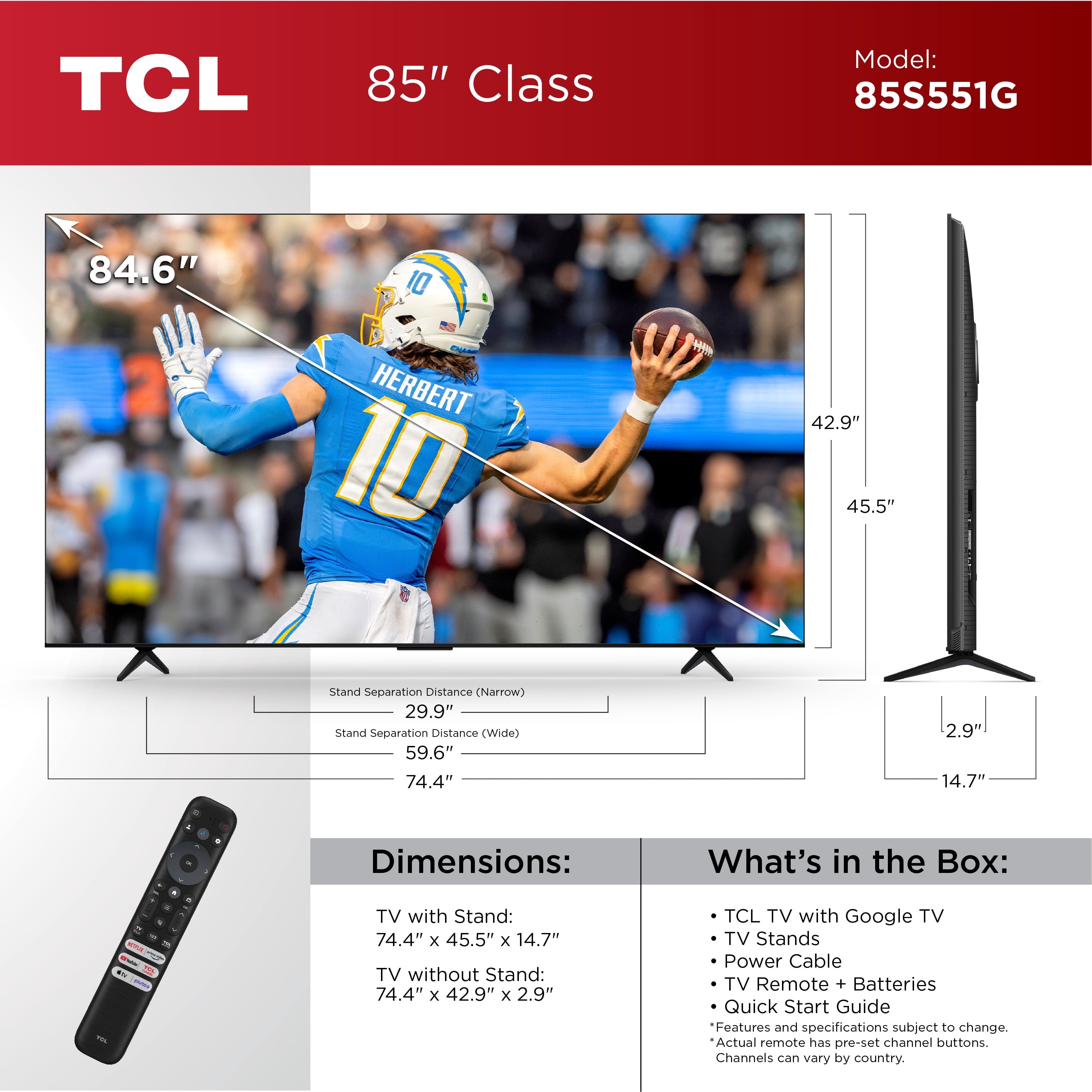 (Open Box)  85” Class S5 (85S551G) 4K UHD HDR LED Smart TV with Google TV (NEW 2024)