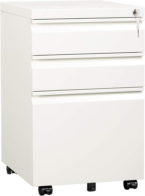 3-Drawer Mobile File Cabinet (Under Office Desk), Assembled except Casters, Fits Letter/Standard Sizes, White