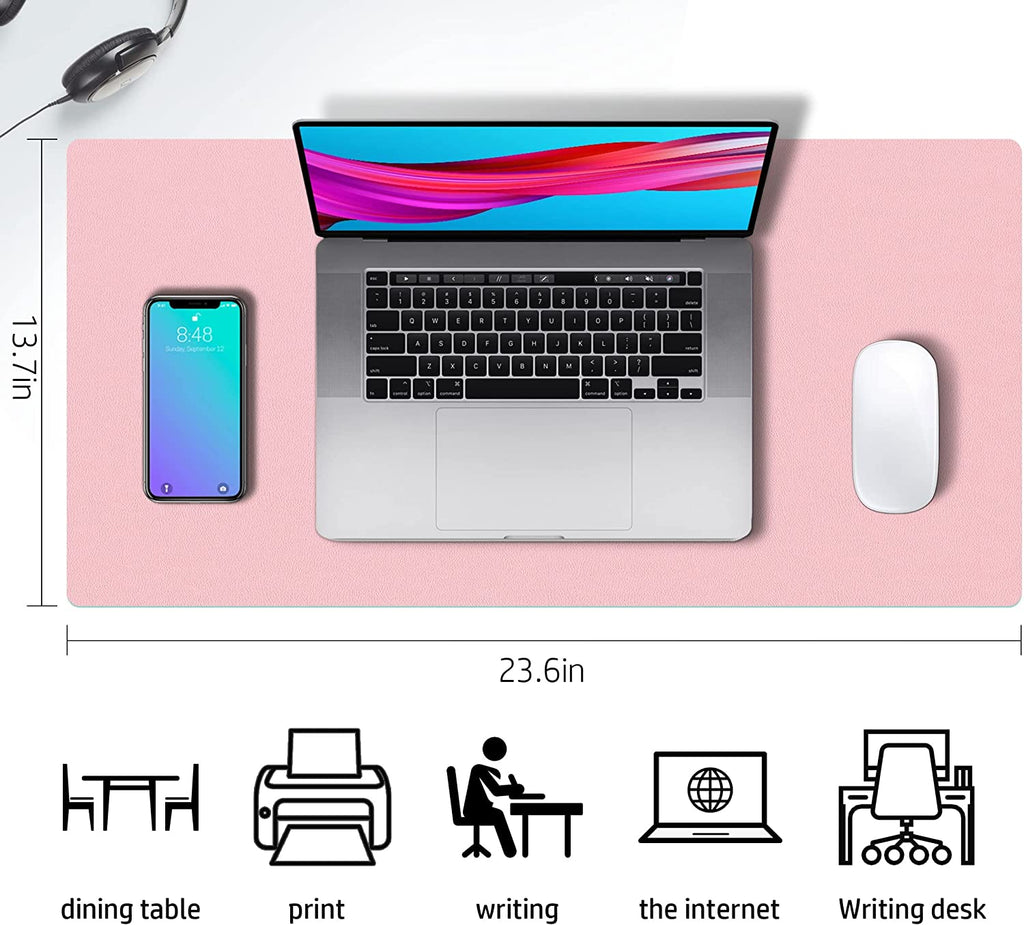 Double-Sided PU Leather Desk Pad - Non-Slip Large Mouse Pad & Desk Mat for Office, Home - Waterproof, Easy to Clean, Durable Dual-Sided Surface (23.6"X13.7", Pink)