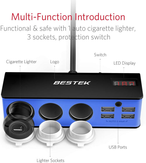 200W Cigarette Lighter Splitter with 4 * 2.4A USB-A and 3 Socket Cigarette Lighter Adapter for Dash Cam, GPS, Ipad/Laptop/Phone [Blue]