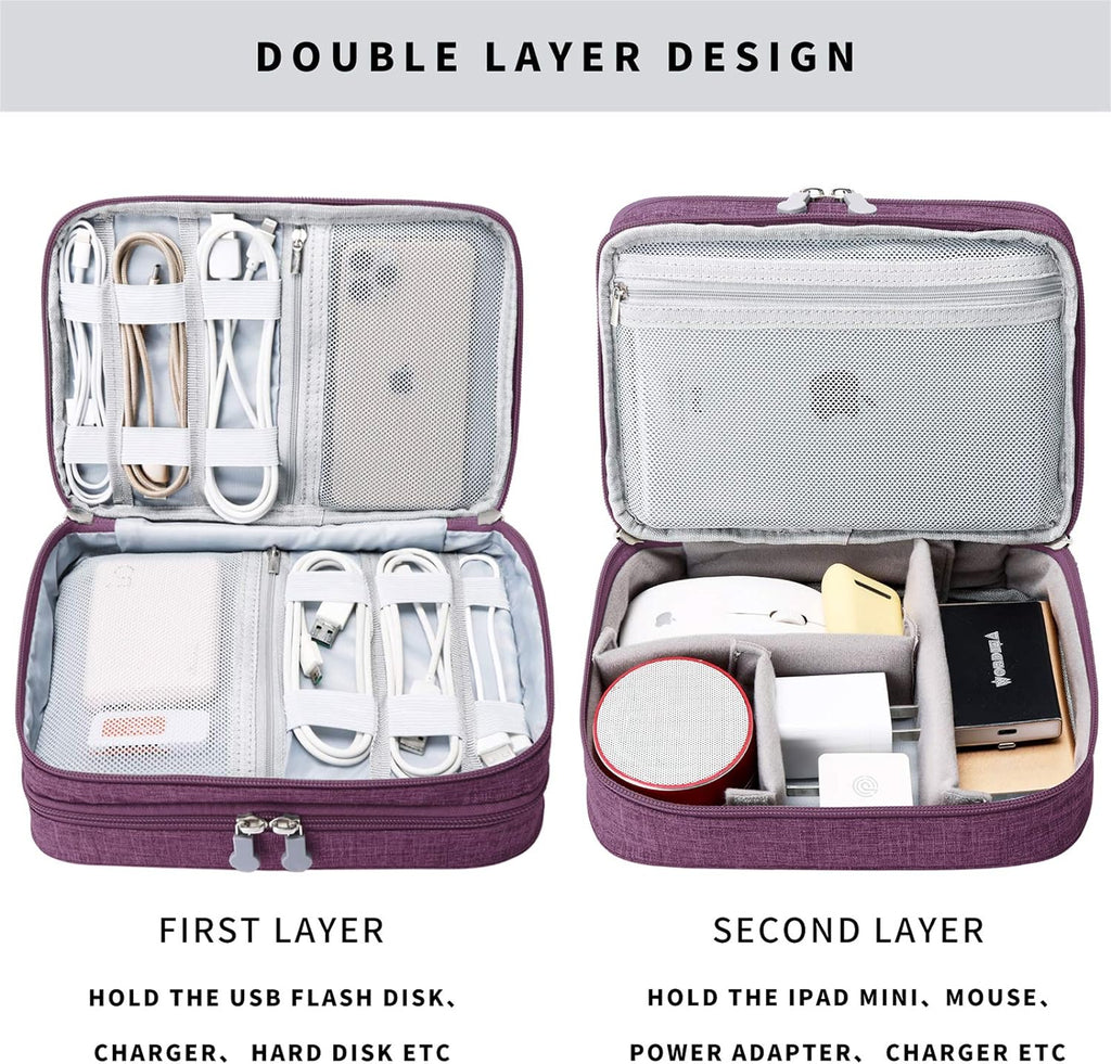 Travel Cable Organizer Bag, Electronic Accessories Case Portable Double Layer Cable Storage Bag for Cord,Phone,Charger, Flash Drive, Phone, SD Card,Personal Items - (Purple)