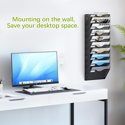 10 Pocket Mesh Wall File Organizer, Hanging Paper Folder Holder with Classify Label, Vertical Wall Mount Mail Organizer for Office Home Classroom, Black