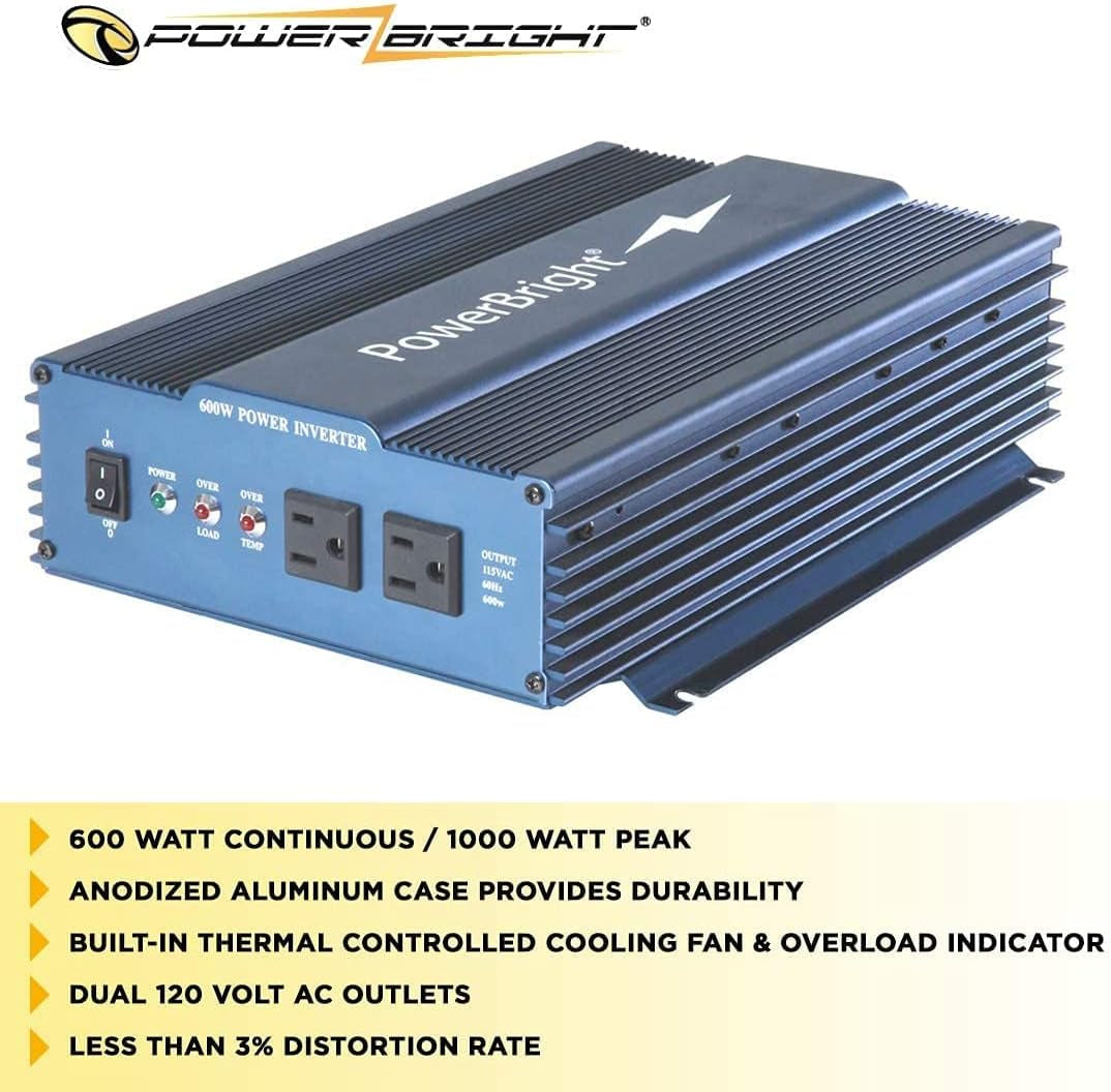 600 Watt Pure Sine Wave Power Inverter, 12 V DC to 120 V AC Car Inverter W/ Dual 120 Volt AC Outlets & Overload Indicator. Perfect for Camping, Emergency, Hurricane & Storm Outage