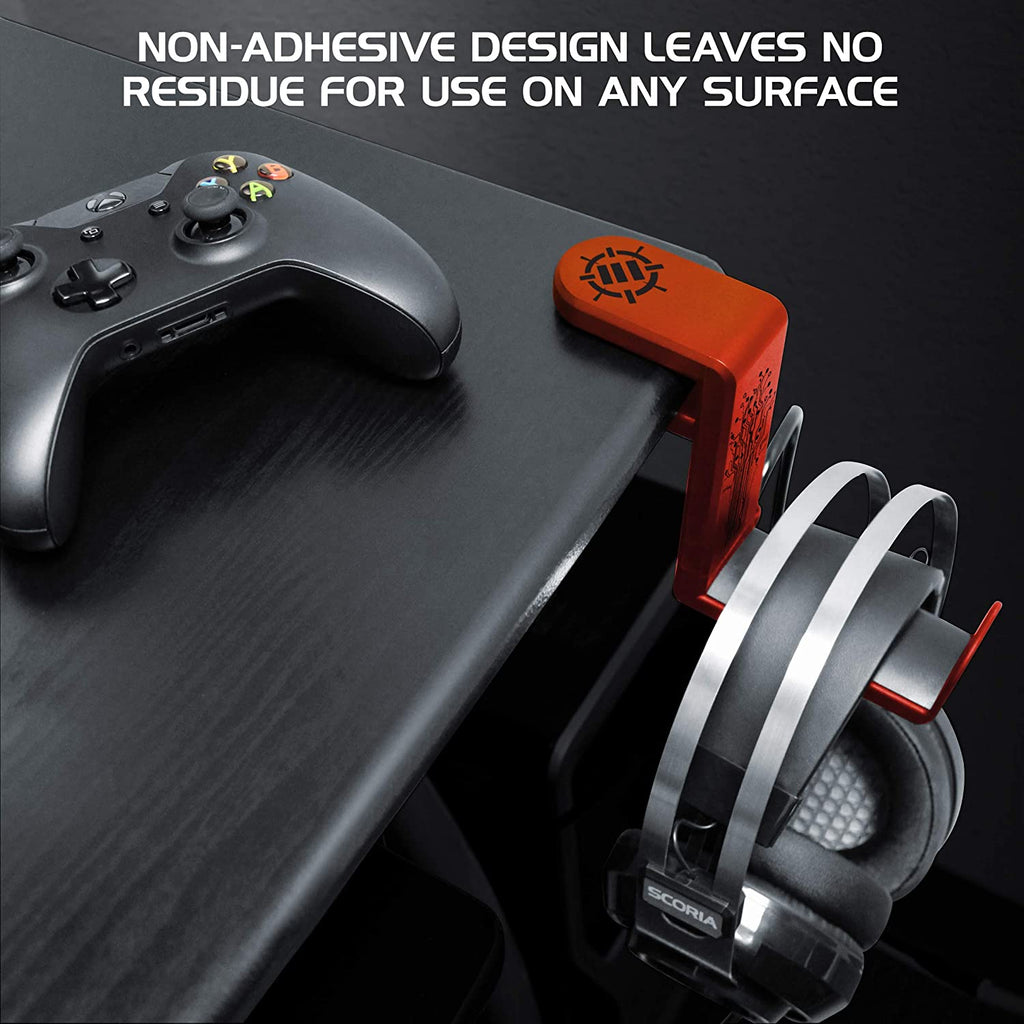 PC Gaming Headphone Holder - Desk Headphone Hanger Esports Headset Holder with Adjustable 360 Rotation, under Desk Hook Clamp, Universal Fit - Built in Cable Clip Organizer - Red