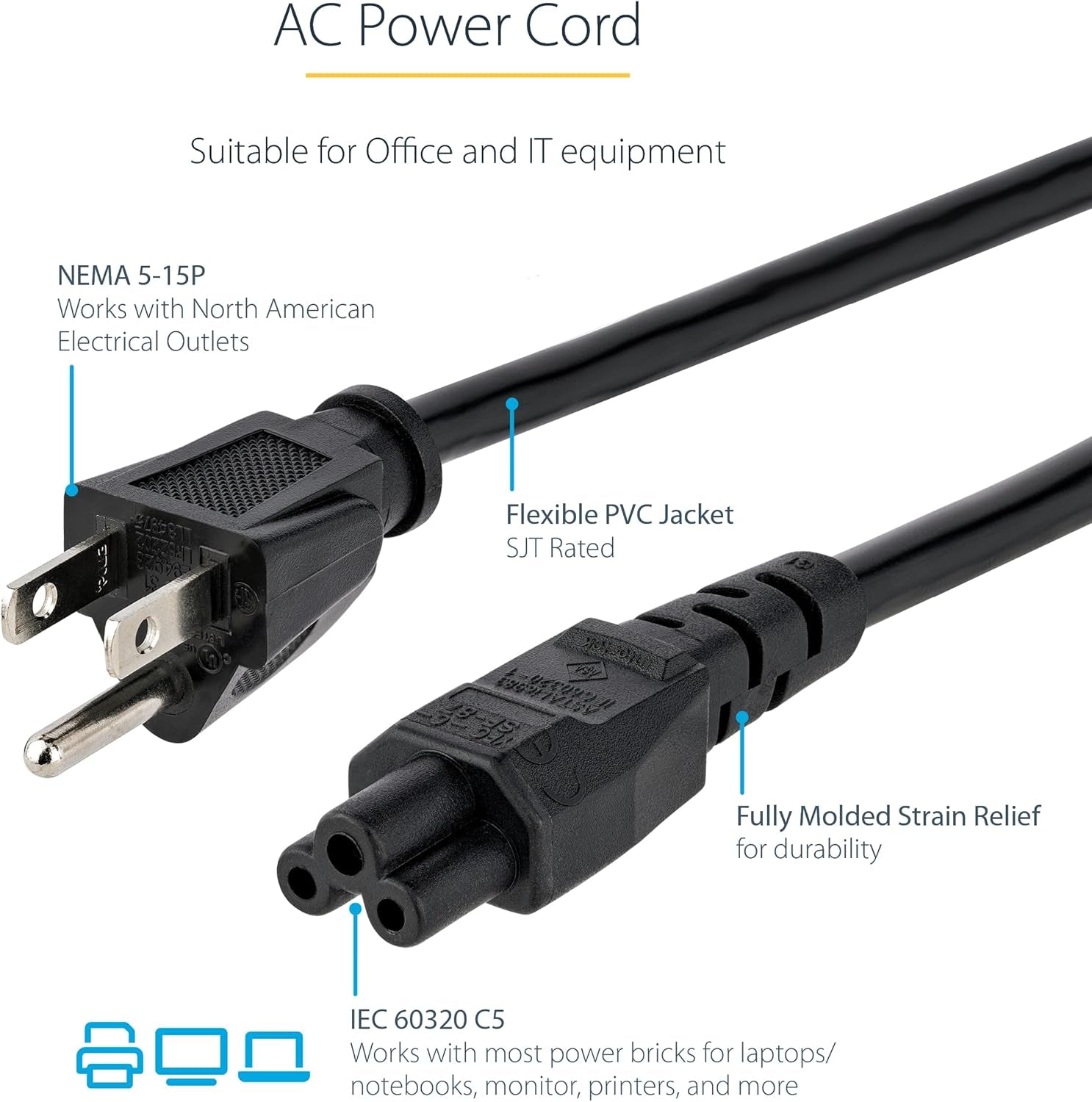6Ft (1.8M) Laptop Power Cord NEMA 5-15P to C5 (Mickey Mouse) 10A 125V 18AWG Laptop Replacement Charger Cord Brick Cord - UL Listed (PXT101NB3S)