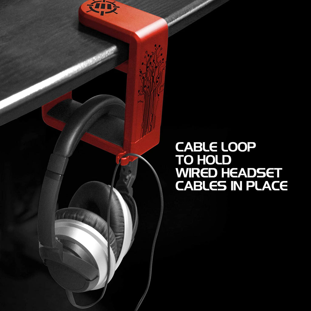 PC Gaming Headphone Holder - Desk Headphone Hanger Esports Headset Holder with Adjustable 360 Rotation, under Desk Hook Clamp, Universal Fit - Built in Cable Clip Organizer - Red