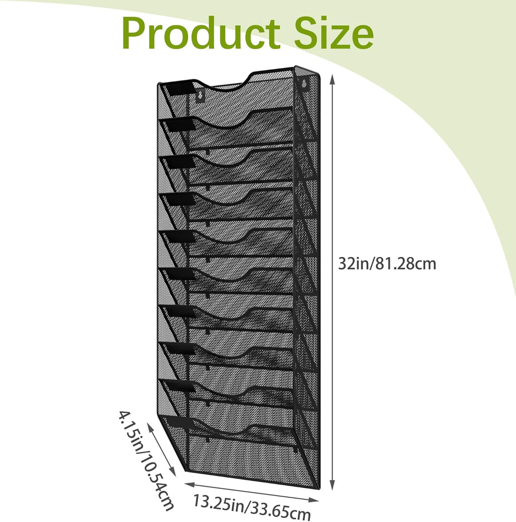 10 Pocket Mesh Wall File Organizer, Hanging Paper Folder Holder with Classify Label, Vertical Wall Mount Mail Organizer for Office Home Classroom, Black