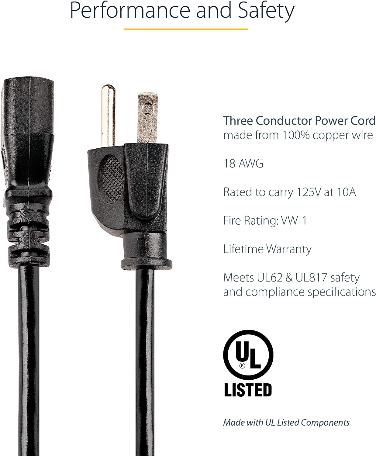 Startech.Com 12Ft (3.6M) Computer Power Cord, NEMA 5-15P to C13, 10A 125V, 18AWG, Black Replacement AC Power Cord, Printer Power Cord, PC Power Supply Cable, Monitor Power Cable - UL Listed (PXT10112)