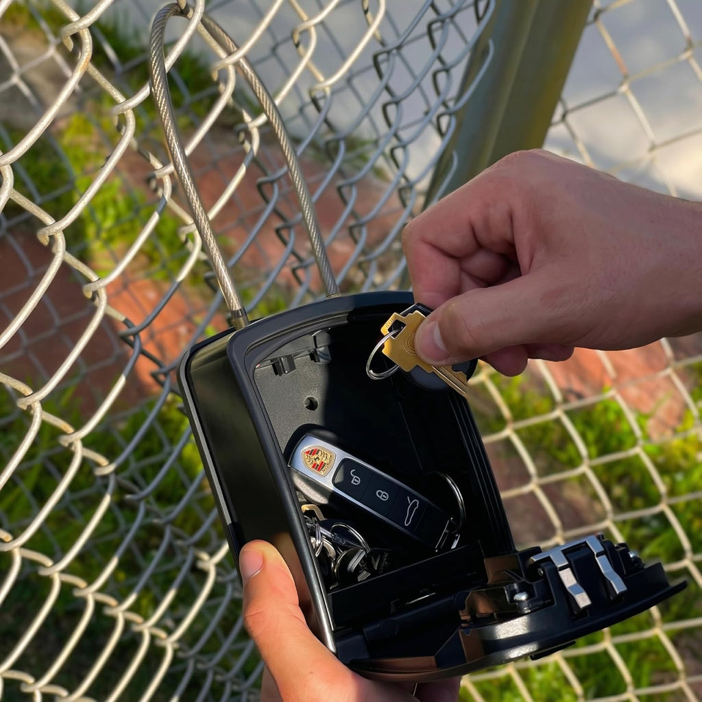 ® Portable Cable Shackle Key Lock Box with Code (XXL, Black) | Fits 20-30 Spares plus Car Fobs & Cards, Wraps onto Gates, Fences & Rails, Hooks & No-Drop Tray, Rust-Resistant