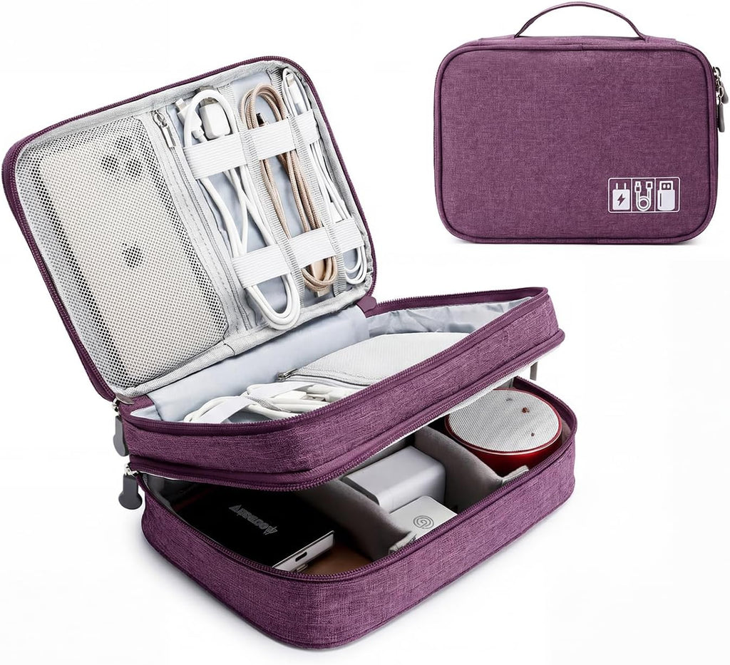 Travel Cable Organizer Bag, Electronic Accessories Case Portable Double Layer Cable Storage Bag for Cord,Phone,Charger, Flash Drive, Phone, SD Card,Personal Items - (Purple)