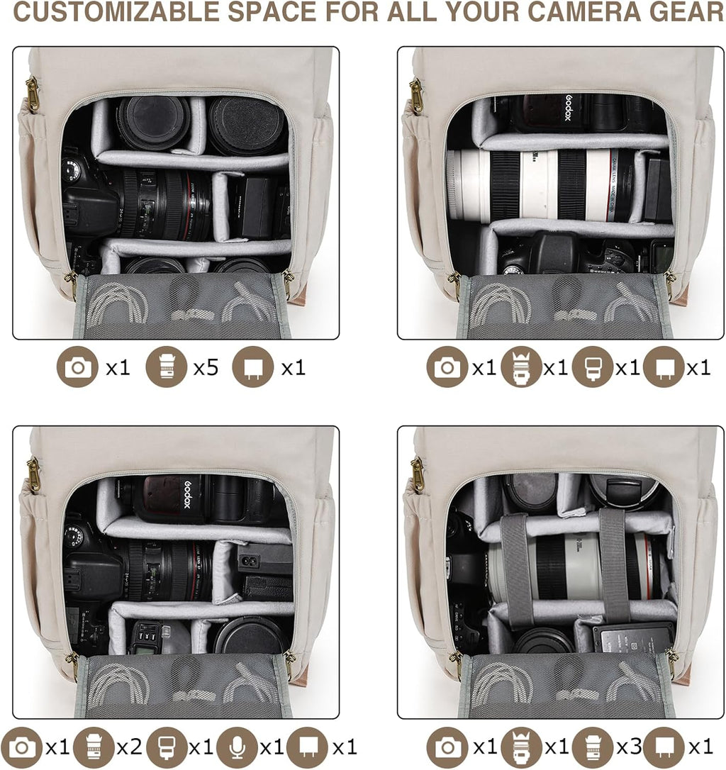 Camera Backpack, DSLR Camera Bag Backpacks for Photographers, Waterproof Anti-Theft Photography Backpack with 15 Inch Laptop Compartment & Tripod Holder, Ivory White