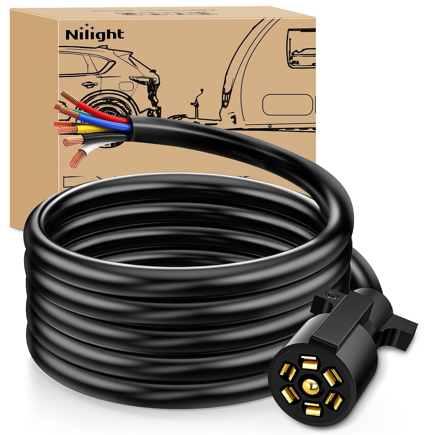 12Feet 7Way Heavy Duty 7 Pin Plug Inline Trailer Cord for Truck Camper Blade Molded RV Cable Wire Weatherproof & Corrosion Resistant-12Ft, 2 Years Warranty
